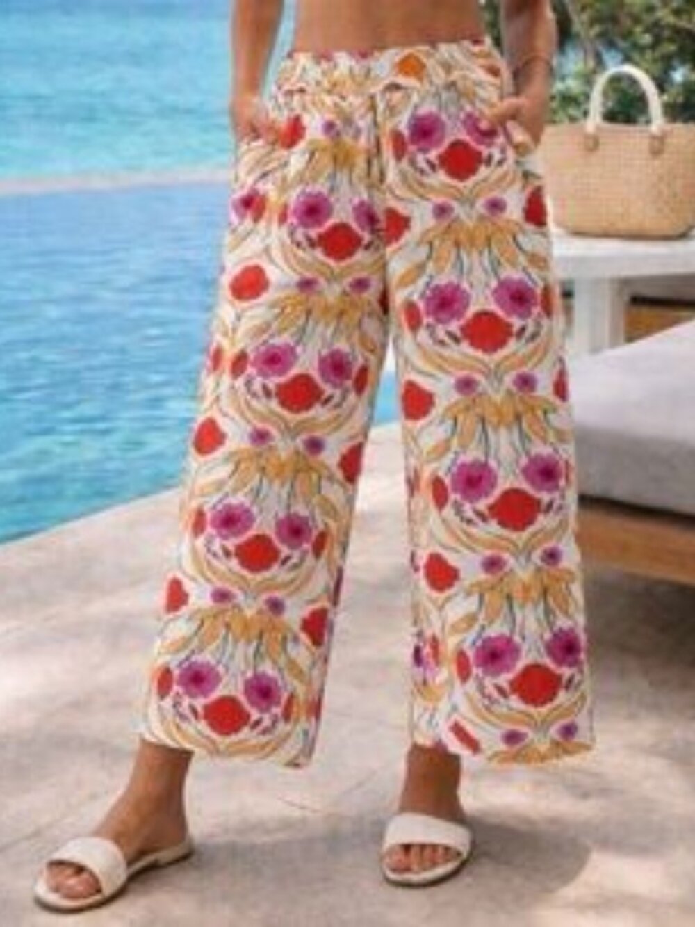 Rachel Zoe Beige Floral 100% Linen Wide Leg Pants Size L